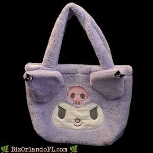 Fuzzy Purple Sanrio Kuromi Plush Handbag / Embroidered Details / Soft Handles
